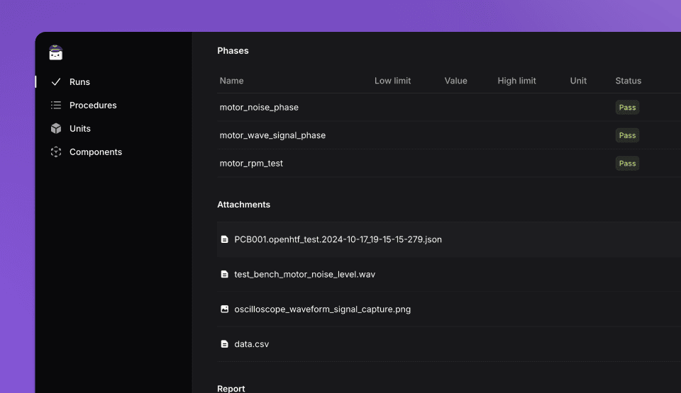 Screenshot of OpenHTF attachments page showing file management options and TofuPilot integration.