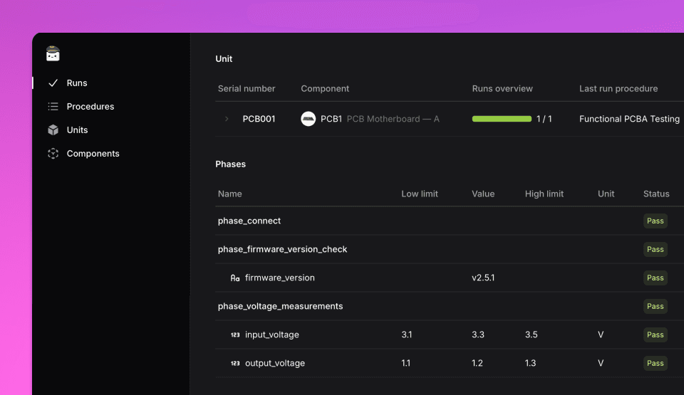 Run page showing the different steps performed for a Unit Under Test (UUT) in OpenHTF with TofuPilot.