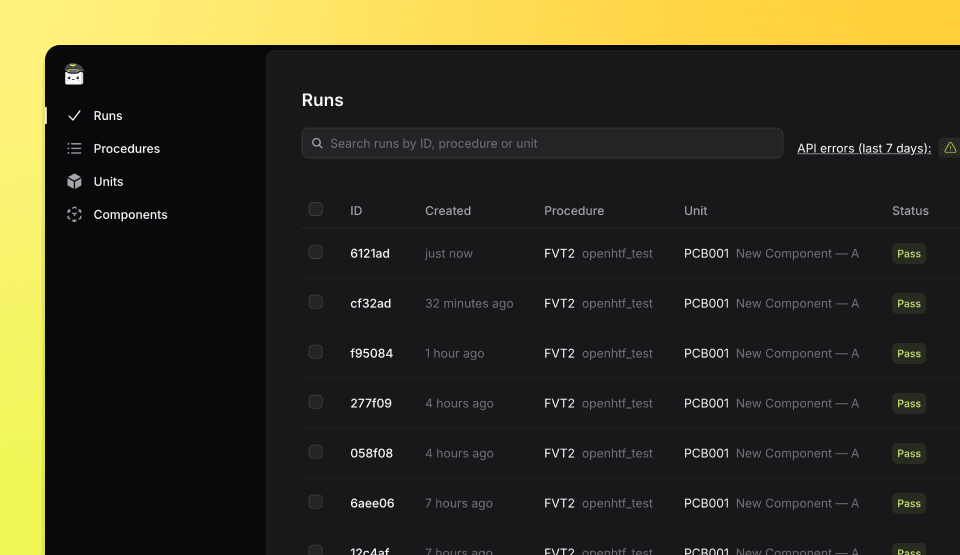 Outputs section on the OpenHTF run page, showing options to open files in the browser or download them with TofuPilot integration.